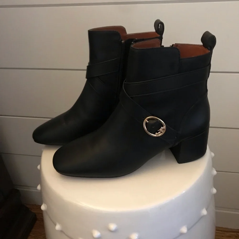 Coach Black Ankle Boots with Chunky Heel and Metallic Detail